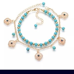 Turquoise & Gold double layer beaded anklet